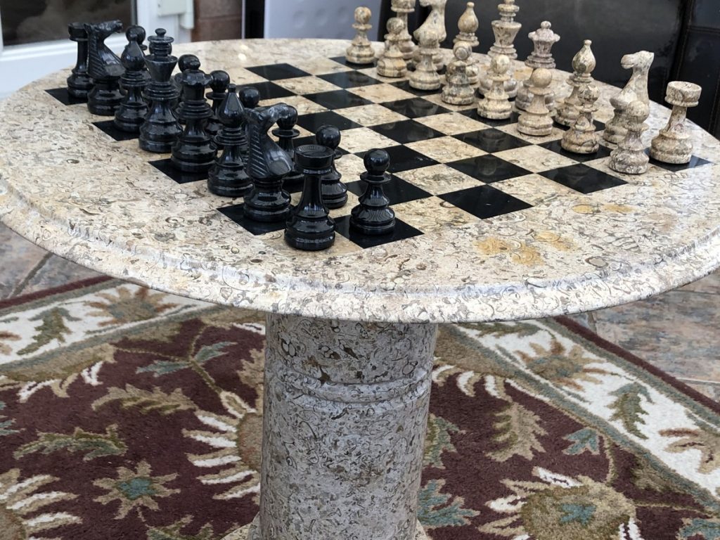 Large Marble and Coral Chess Table with Chess Pieces